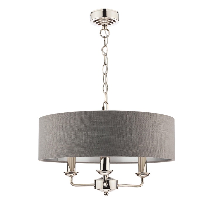 Laura Ashley LA3688867-Q Sorrento Polished Nickel 3 Light Pendant Light Complete With Grey Linen Shade