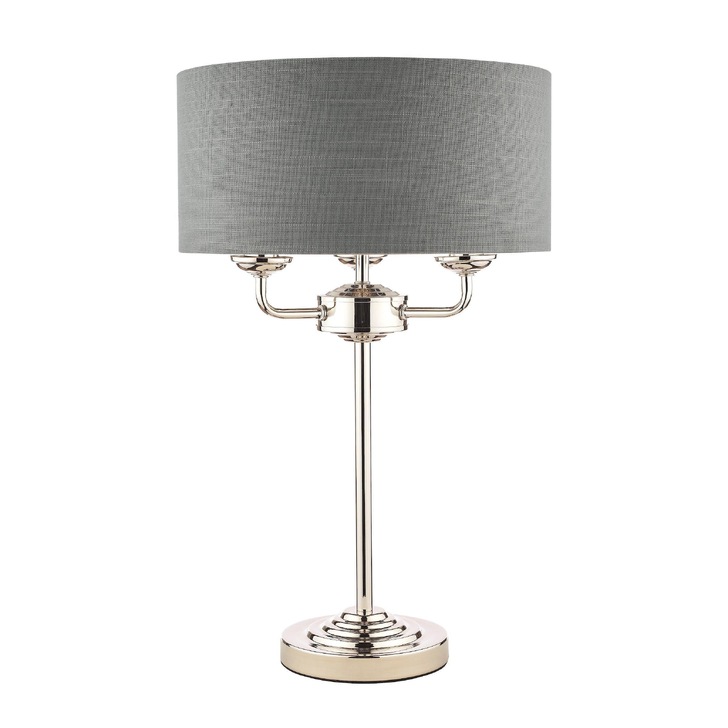 Laura Ashley LA3702786-Q Sorrento Polished Nickel 3 Light Table Lamp Complete With Grey Linen Shade And Switch