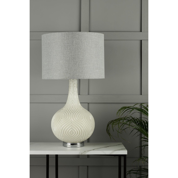 Laura Ashley LA3742272-Q Grace Opal Patterned Glass Table Lamp Complete With Grey Linen Shade