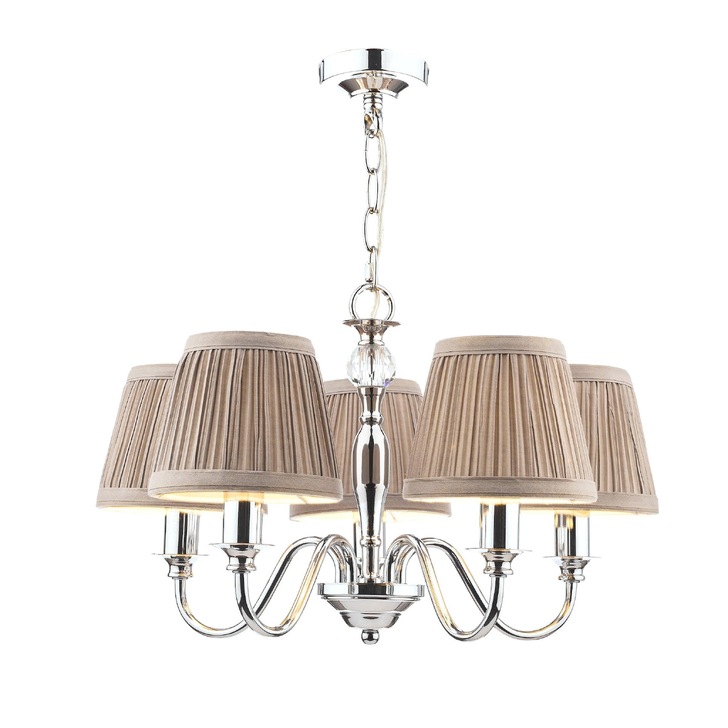 Laura Ashley LA3743659-Q Ellis Polished Chrome & Crystal 5 Light Chandelier Complete With Grey Cotton Shades