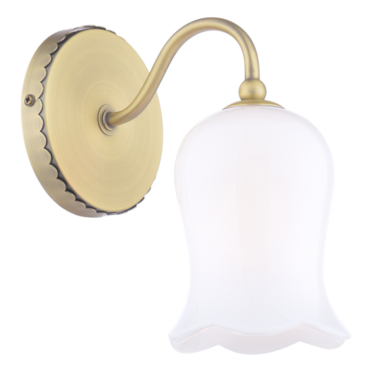 Laura Ashley Lidsell Matt Antique Brass Downward Facing Single Wall Light Complete With Scalloped Opal Glass Shades