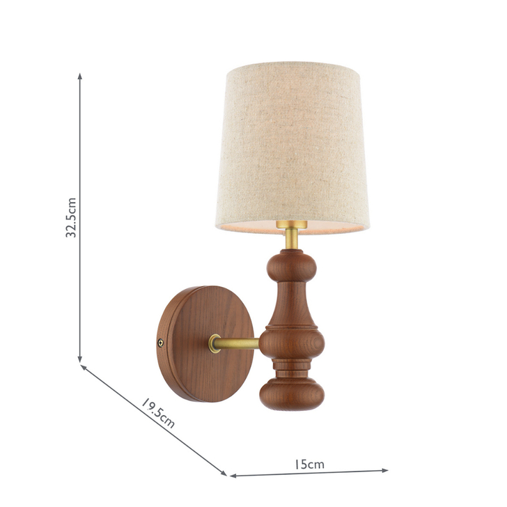 Laura Ashley Millbrook Dark Wood Industrial Wall Light Complete With Brass Detaling And Natural Linen Tapered Drum Shade