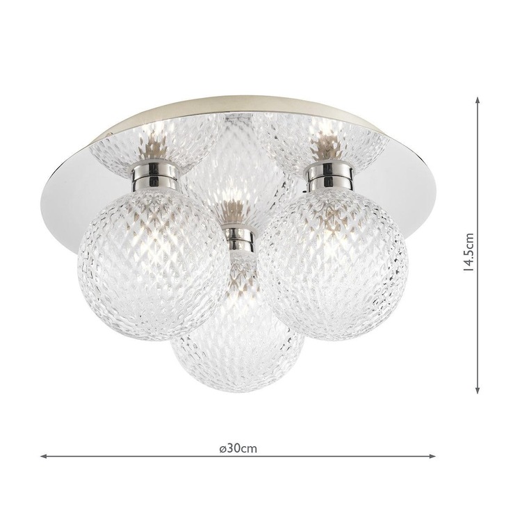 Laura Ashley Prague 3 Light Polished Chrome Flush Bathroom Ceiling Light Complete With Textured Glass Globes - IP44