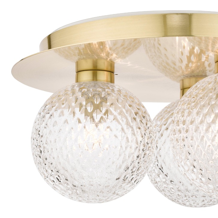 Laura Ashley Prague 3 Light Satin Brass Flush Bathroom Ceiling Light Complete With Textured Glass Globes - IP44