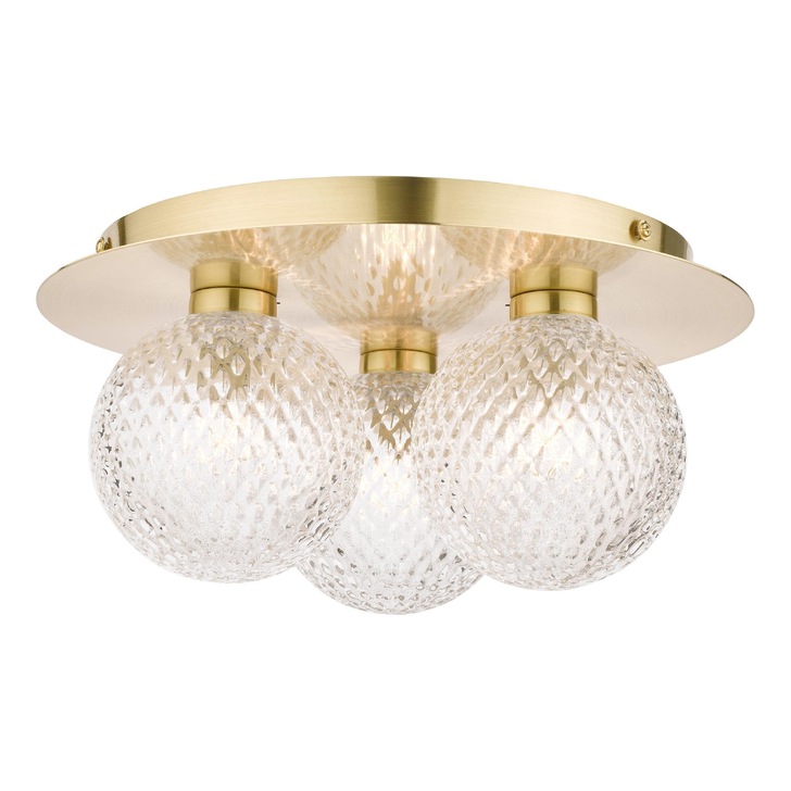 Laura Ashley Prague 3 Light Satin Brass Flush Bathroom Ceiling Light Complete With Textured Glass Globes - IP44