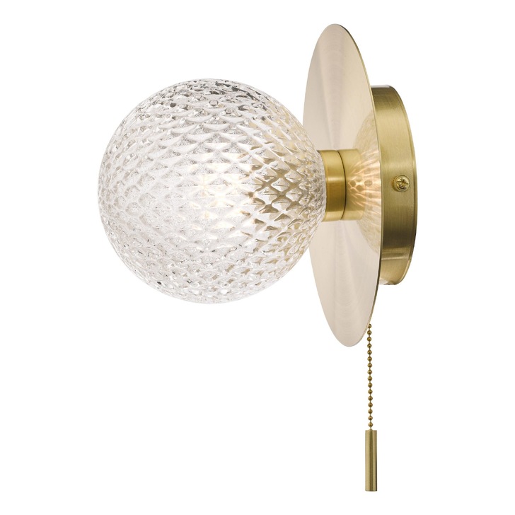 Laura Ashley Prague Single Bathroom Wall Light In Satin Brass With Textured Glass Globe - IP44