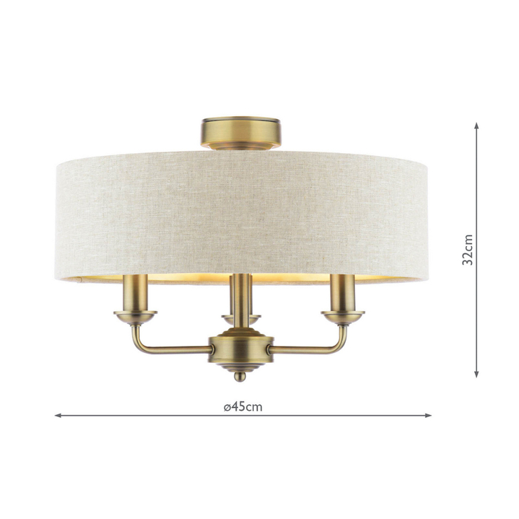 Laura Ashley Sorrento Matt Antique Brass Semi-Flush 3 Light Ceiling Light Complete With Natural Shade