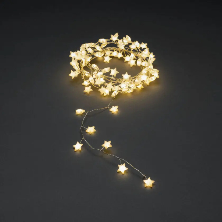 Light Set with stars, 90 Warm White Led. Silver wire, IP20