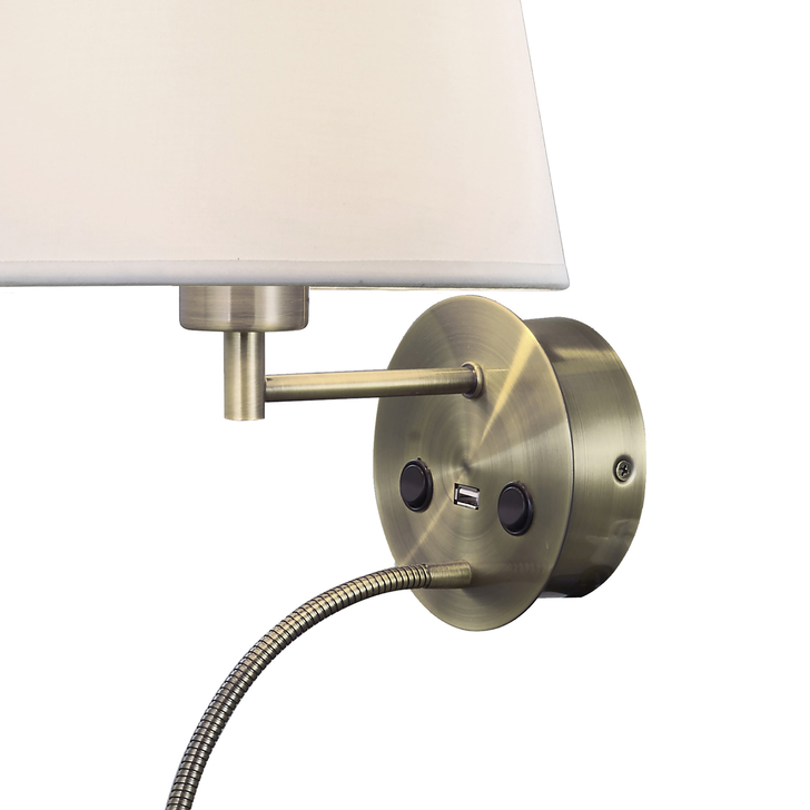 Mantra Caicos 2 Light Antique Brass Switched Led Reader Wall Light Complete With Shade And Usb Charger - 3000K