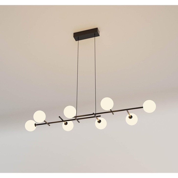 Mantra Cellar 8 Light Linear Bar Pendant Black With Opal Glass Globes