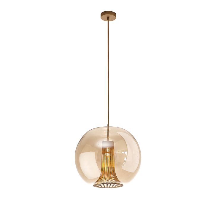 Mantra M8523 Kriss Round Bronze Single Pendant Light Complete With Bronze Glass Shade With Inner Funnel Glass