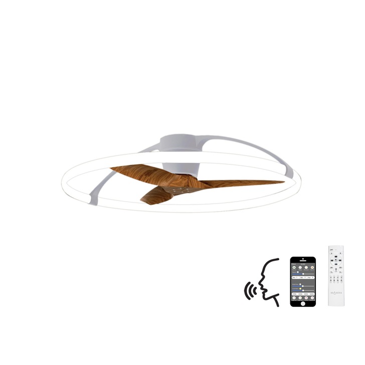 Mantra Nepal White/Wood Finish LED Ceiling Light With Built-In Reversible Fan C/W Remote Control