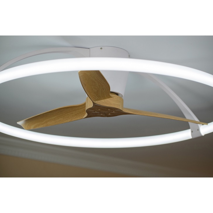 Mantra Nepal White/Wood Finish LED Ceiling Light With Built-In Reversible Fan C/W Remote Control