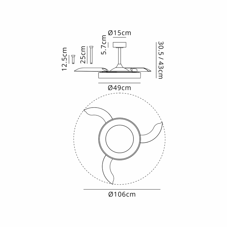 Mantra Niseko Fan M 49cm 50W LED Dimmable Ceiling Light With Built-In 30W DC Fan: 2700-5000K Remote Control: 5500lm: Black