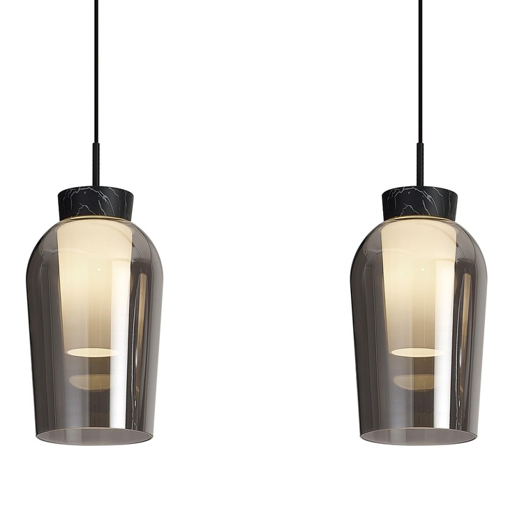 Mantra Nora Black 3 Light Linear Bar Pendant Light Complete With Smoked Glasses, Frosted Inners And Marble Detailing