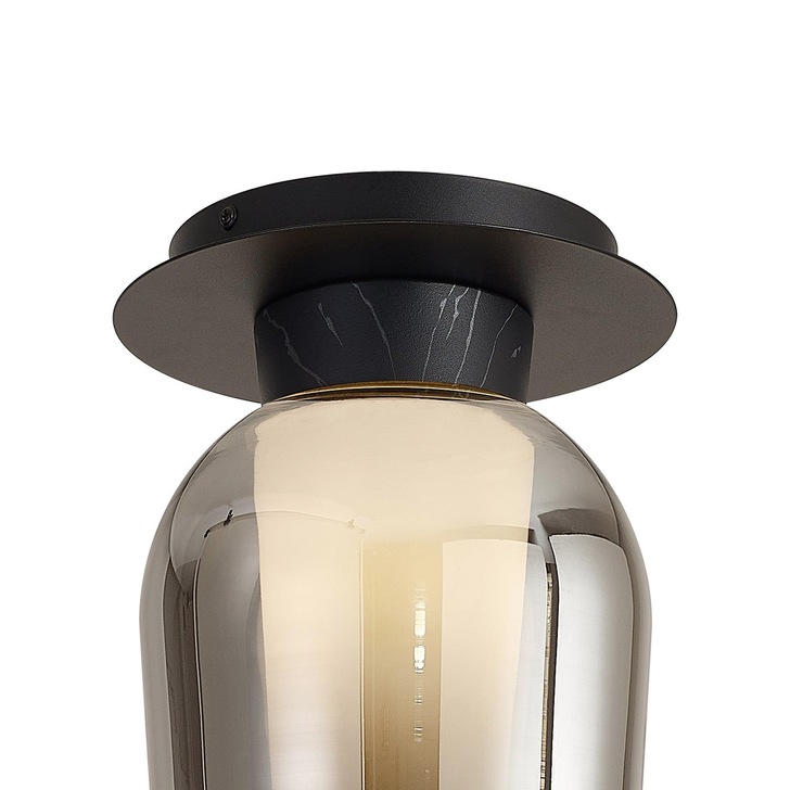 Mantra Nora Black Flush Ceiling Light With Smoked Glass, Frosted Inner And Marble Detailing