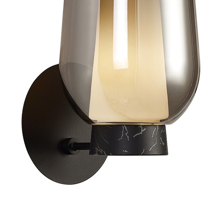 Mantra Nora Black Single Wall Light With Smoked Glass, Frosted Inner And Marble Detailing