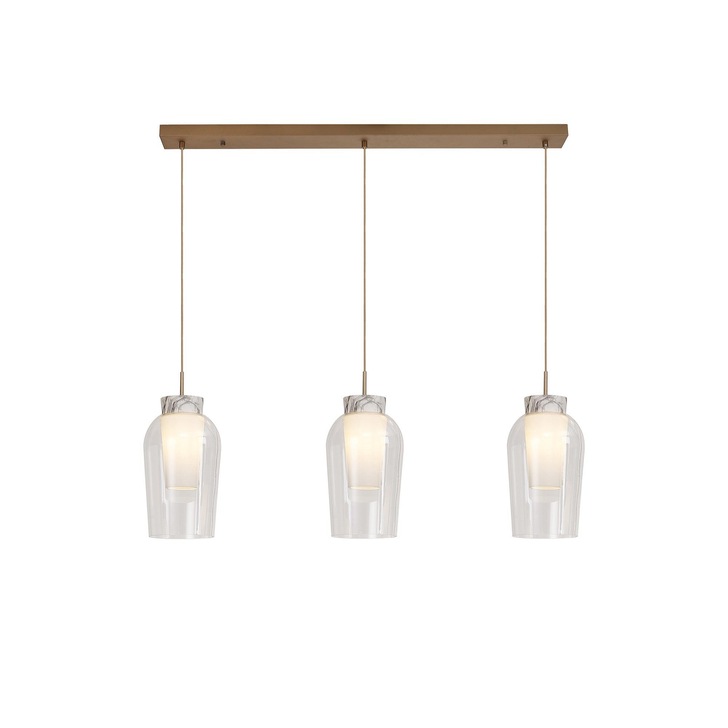 Mantra Nora Gold 3 Light Linear Bar Pendant Light Complete With Clear Glasses, Frosted Inners And Marble Detailing