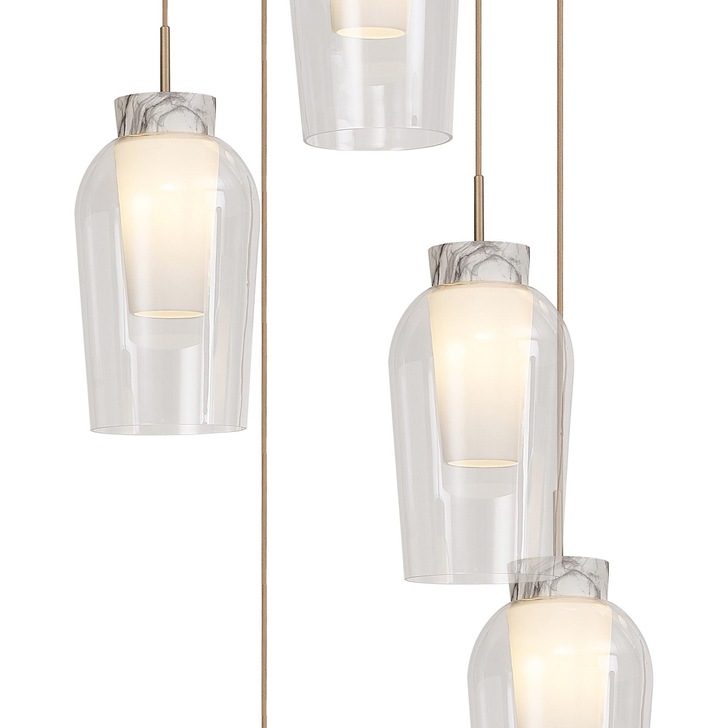 Mantra Nora Gold 5 Light Cluster Pendant With Clear Glasses, Frosted Inners And Marble Detailing