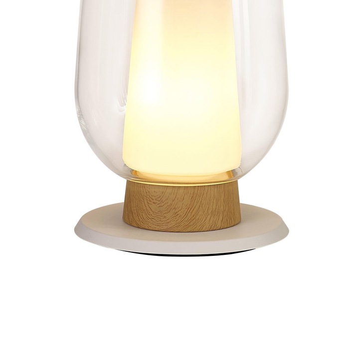 Mantra Nora White Table Lamp With Clear Glass, Frosted Inner And Wood Detailing