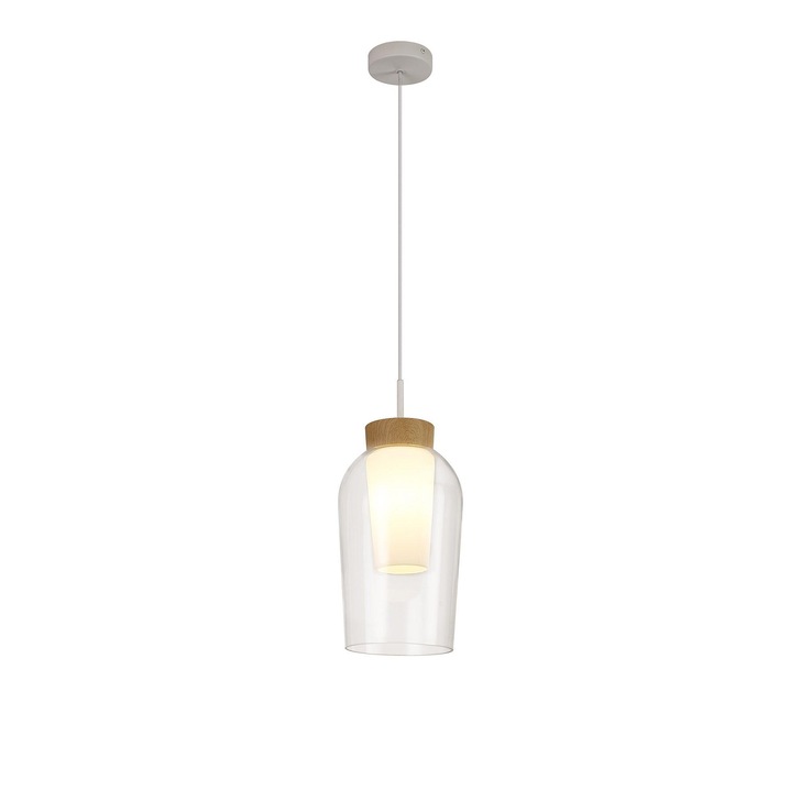 Mantra Nora White/Wood 1 Light Pendant Complete With Clear Glass And Frosted Inner