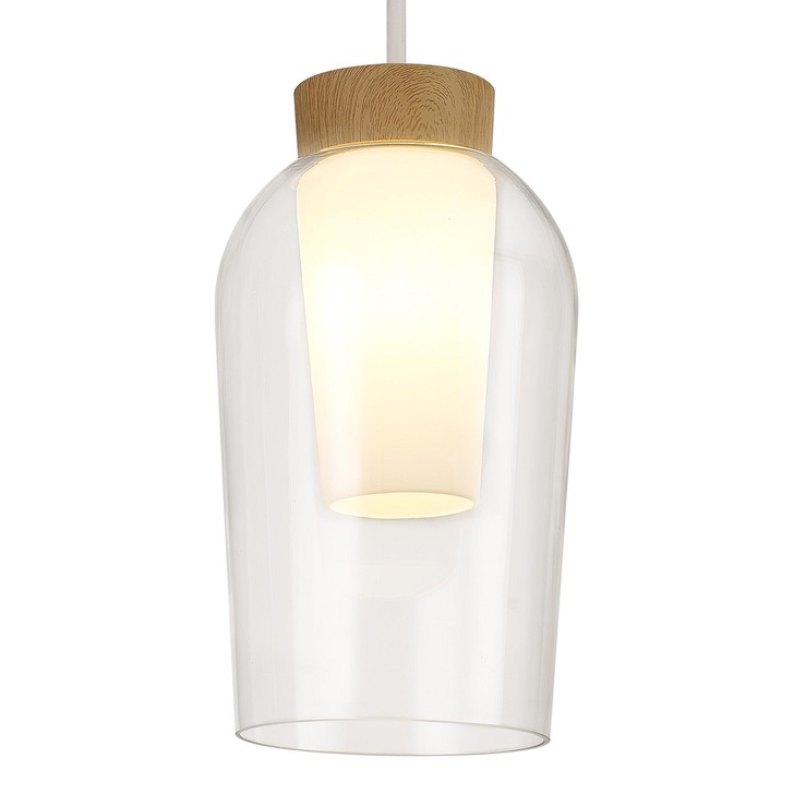 Mantra Nora White/Wood 1 Light Pendant Complete With Clear Glass And Frosted Inner