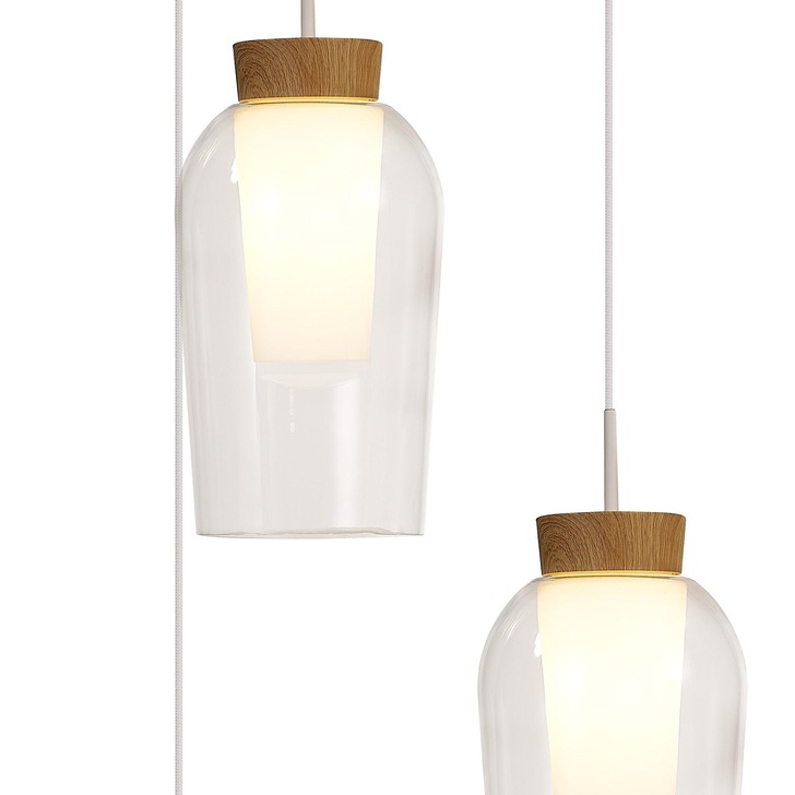 Mantra Nora White/Wood 3 Light Adjustable Pendant Light Complete With Clear Glasses And Frosted Inners