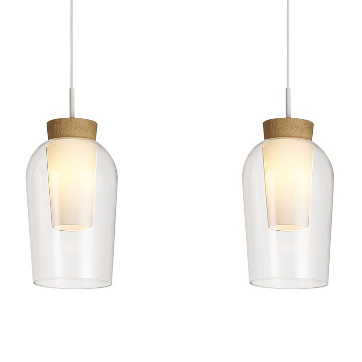 Mantra Nora White/Wood 3 Light Linear Bar Pendant Light Complete With Clear Glasses And Frosted Inners