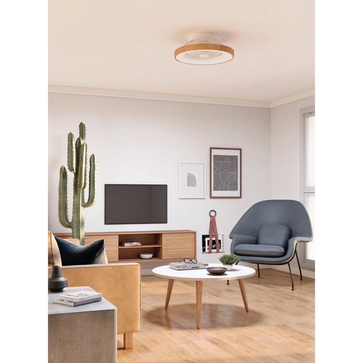 Mantra Tibet Mini White/Wood Finish LED Ceiling Light With Built-In Reversible Fan C/W Remote Control