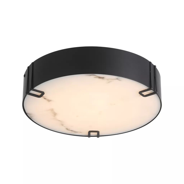 Marmo Black Finish Round Led Flush Bathroom Light Complete With Marble Resin Glass - IP44 - 3000K