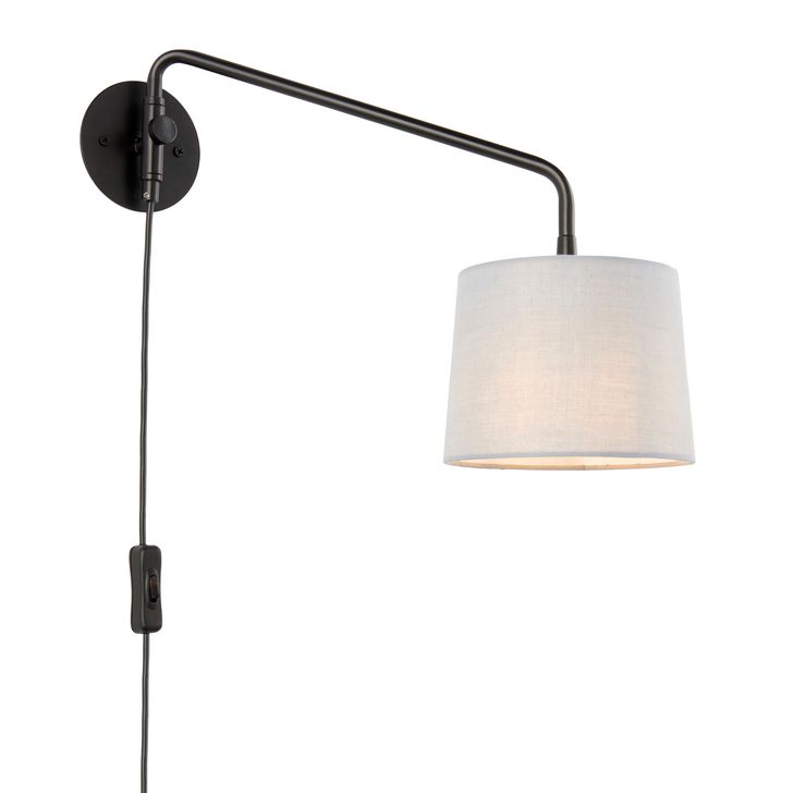 Medley Matt Black Plug In Wall Light Complete With Grey Cotton Shade