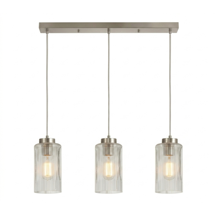 Merlot 3 Light Linear Bar Pendant Satin Nickel With Clear Cylindrical Ribbed Glass - Bespoke