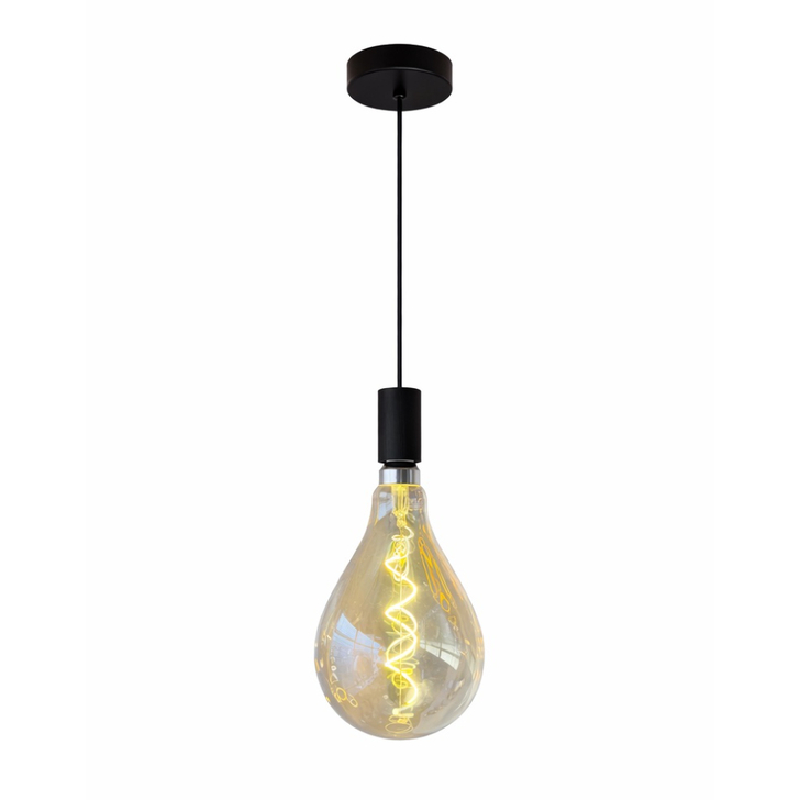 Milan Single Pendant Matt Black With Large Amber Spiral Filament Bulb