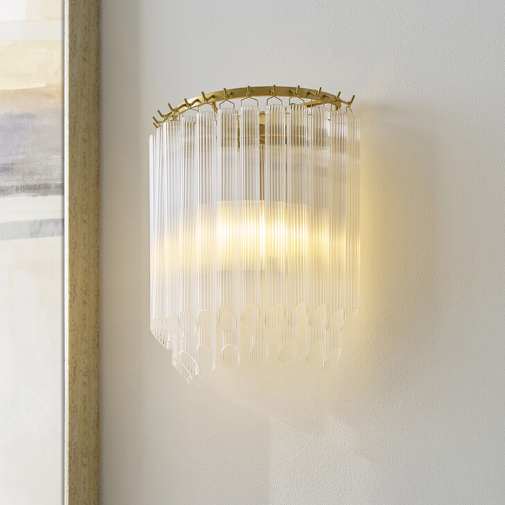 Montpellier Brushed Aged Brass Finish Wall Light Complete With Clear Ribbed Glass Droppers