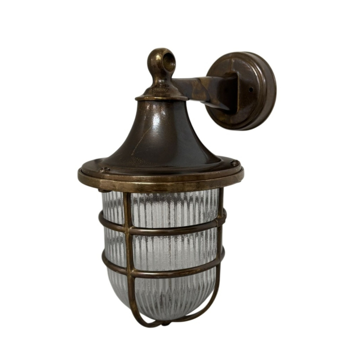 Navigator Grand Tiller Antique Brass Downard Facing Wall Light With Clear Ribbed Glass - IP64, Solid Brass, Coastal
