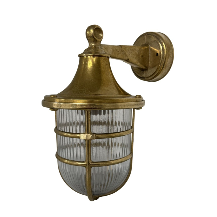 Navigator Grand Tiller Raw Brass Downard Facing Wall Light With Clear Ribbed Glass - IP64, Solid Brass, Coastal