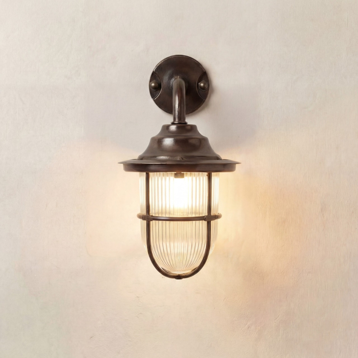 Navigator Guard Quinn Antique Brass Downward Facing Swan Neck Wall Lantern Light With Clear Ribbed Glass - IP64, Solid Brass, Coastal