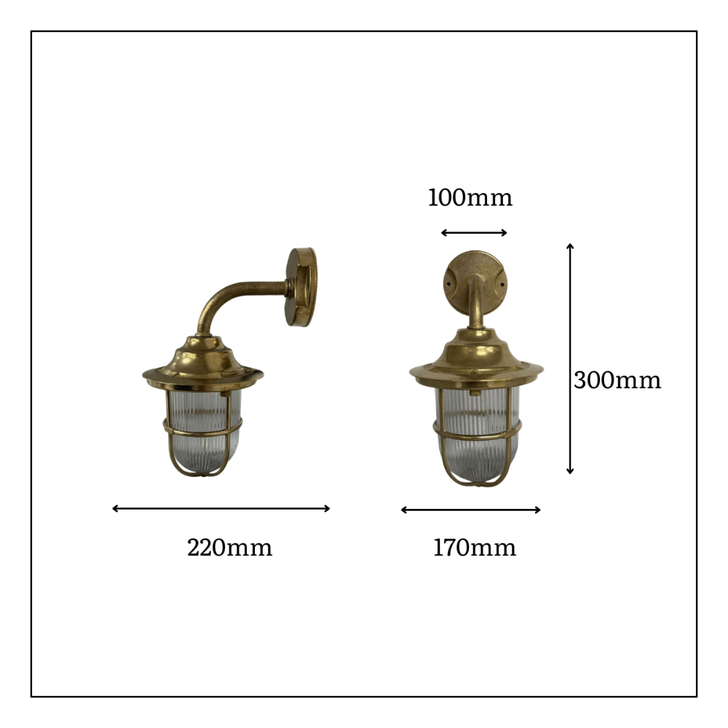 Navigator Guard Quinn Raw Brass Downward Facing Swan Neck Wall Lantern Light With Clear Ribbed Glass - IP64, Solid Brass, Coastal