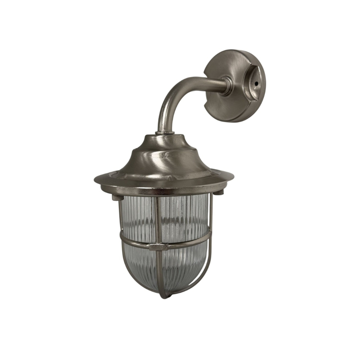 Navigator Guard Quinn Satin Nickel Downward Facing Swan Neck Wall Lantern Light With Clear Ribbed Glass - IP64, Solid Brass, Caostal