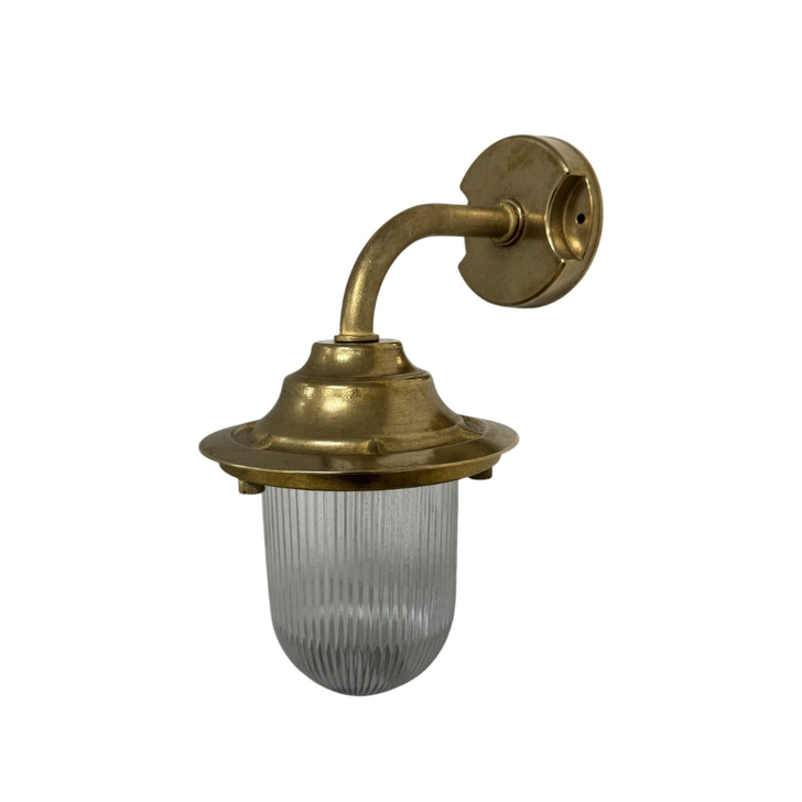 Navigator Quinn Raw Brass Downward Facing Swan Neck Wall Lantern Light With Clear Ribbed Glass - IP64, Solid Brass, Coastal