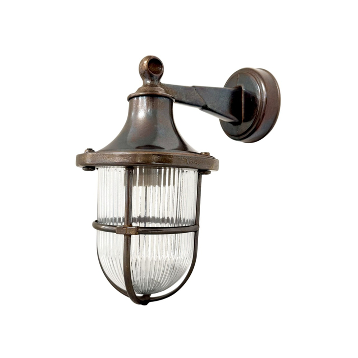 Navigator Tiller Antique Brass Downard Facing Wall Light With Clear Ribbed Glass - IP64, Solid Brass, Coastal