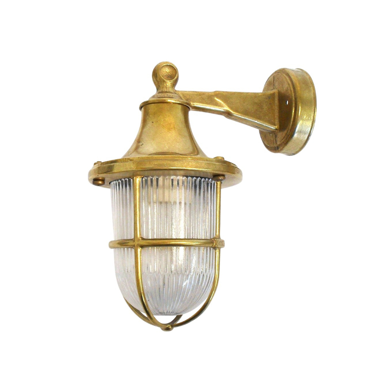 Navigator Tiller Raw Brass Downard Facing Wall Light With Clear Ribbed Glass - IP64, Solid Brass, Coastal