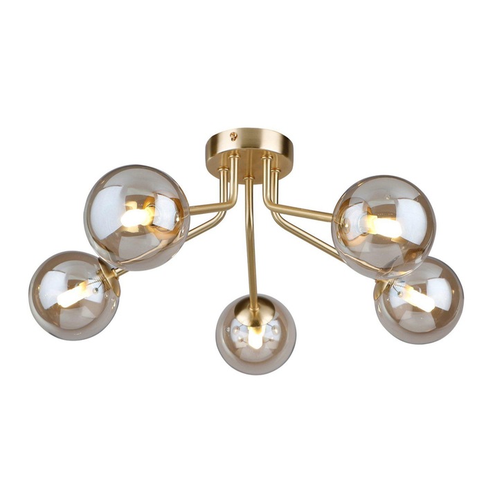 Piper Gold 5 Light Flush Ceiling Light With Cognac Glass Spheres