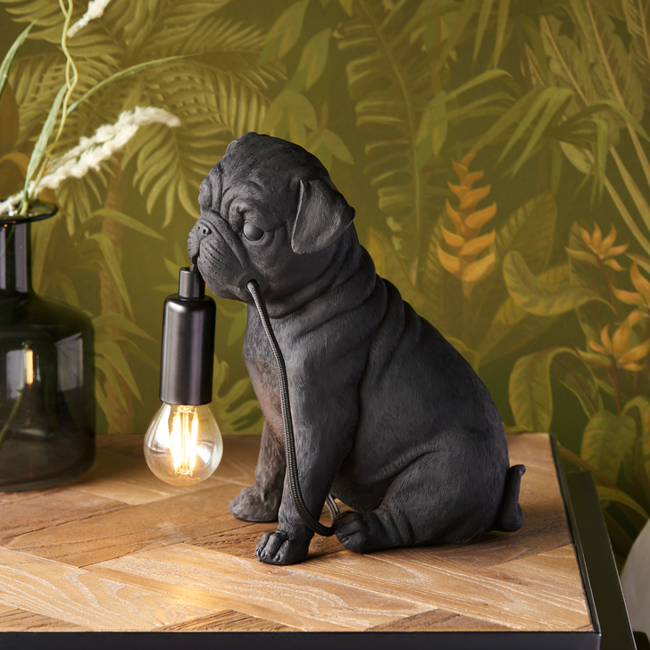 Pug Puppy Figurine Table Lamp In Matt Black