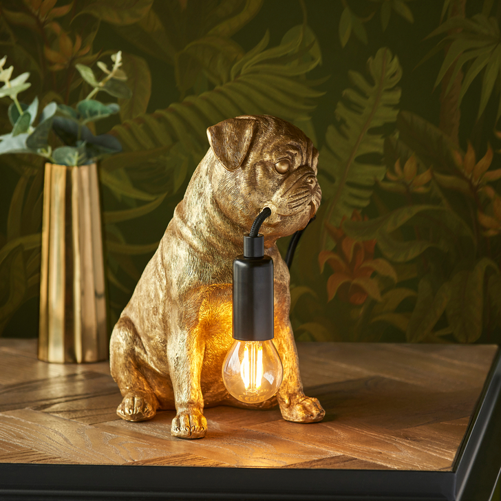 Pug Puppy Figurine Table Lamp In Vintage Gold