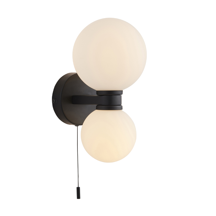 PUL/2WL Matt Black Flush Double Wall Light Complete With Opal Globes - IP44