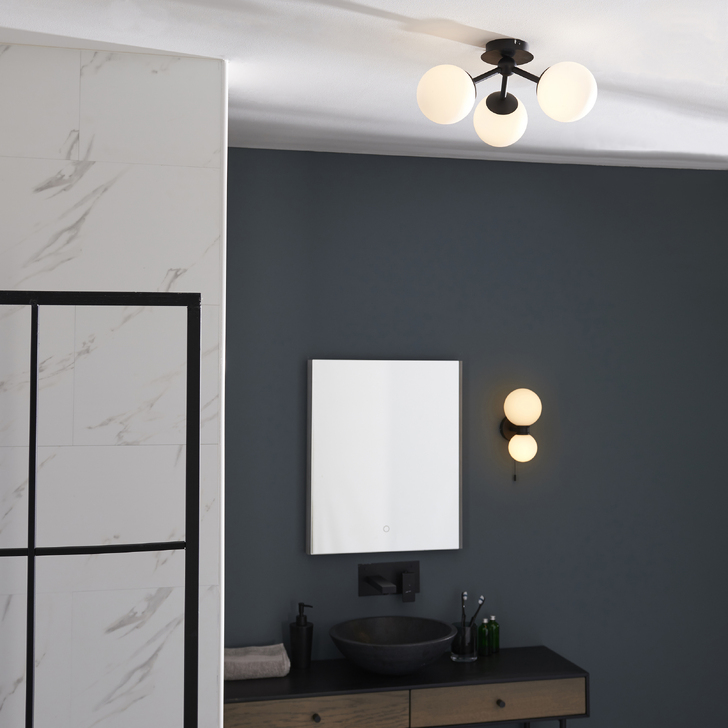 PUL/2WL Matt Black Flush Double Wall Light Complete With Opal Globes - IP44