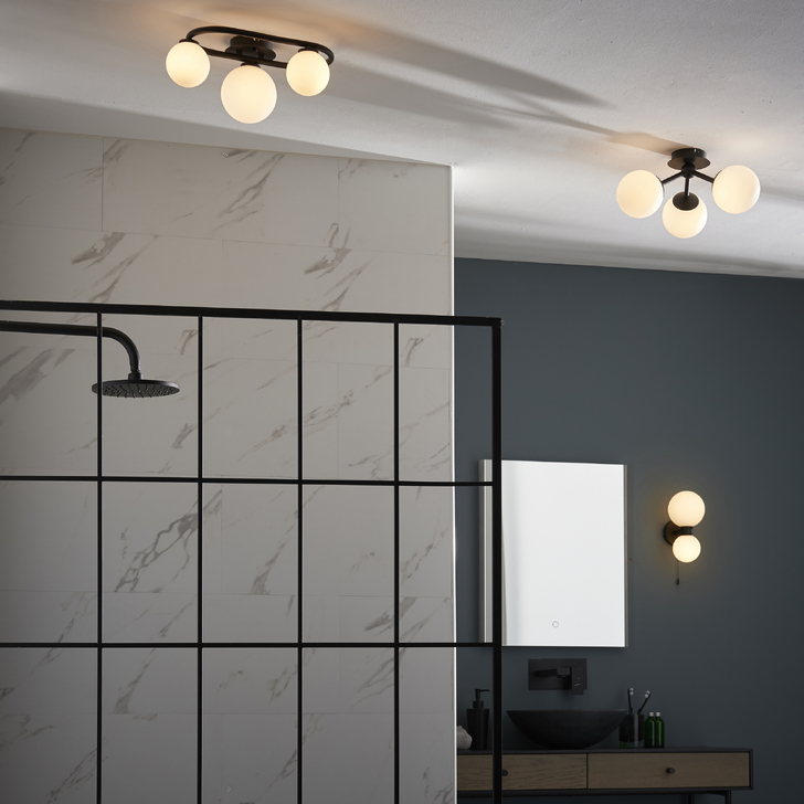 PUL/3SF Matt Black Flush Ceiling Light Complete With Opal Globes - IP44