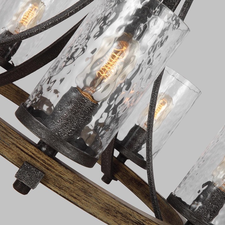 Quintiesse Angelo 5 Light Chandelier In Distressed Weathered Oak And Slate Metal Grey Complete With Cylindrical Clear Wavy Glasses - QN-ANGELO5