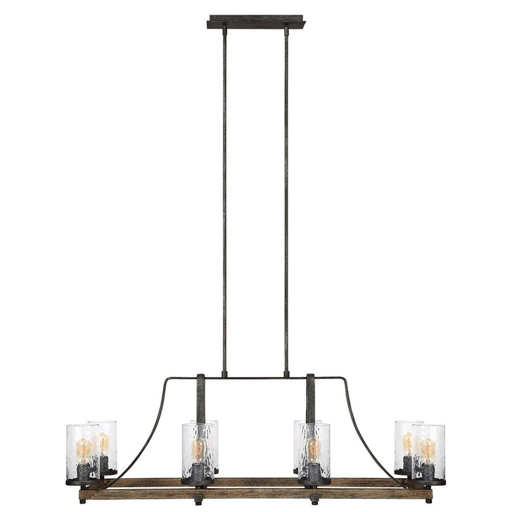 Quintiesse Angelo 8 Light Linear Chandelier In Distressed Weathered Oak And Slate Metal Grey Complete With Cylindrical Clear Wavy Glasses - QN-ANGELOISLE8